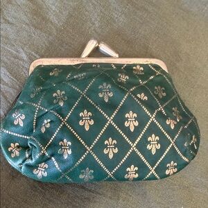 Green Quilted Fleur-Print Kiss-Lock Coin Purse